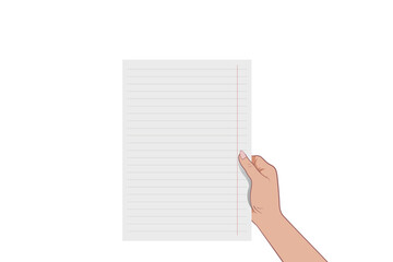 The hand holds a blank sheet from a notebook. Space for copying. Vector image