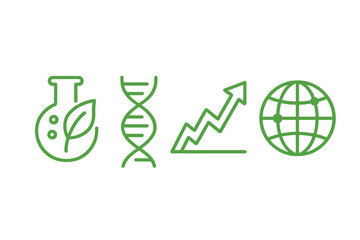 Icons of bio-investment are depicted through symbols of a lab, gene, scale, and global reach