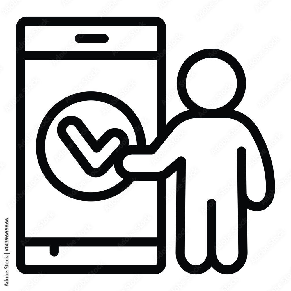 Poster man and smartphone with checkmark line icon, neural dataset concept. vector graphics. human with pho