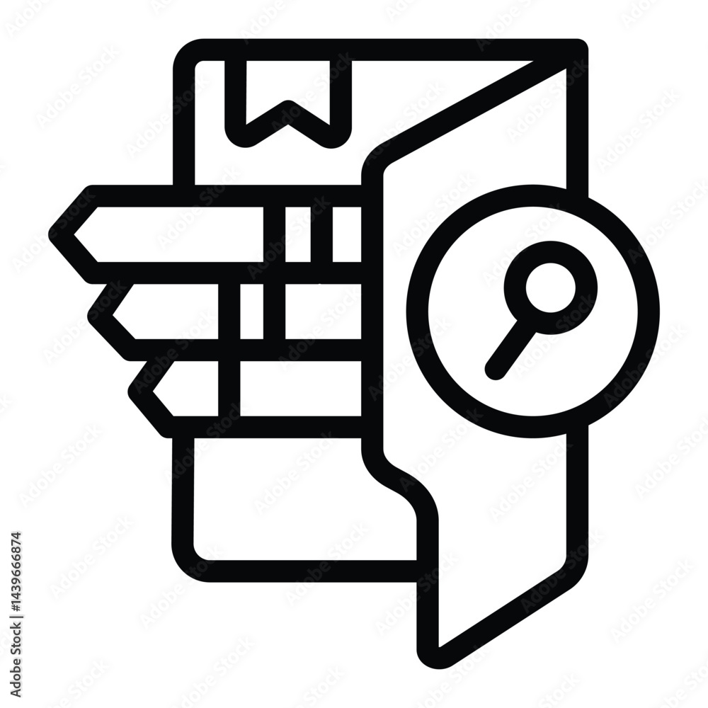 Poster folder with bookmarks and magnifier line icon, dataset concept. vector graphics. search data by cate