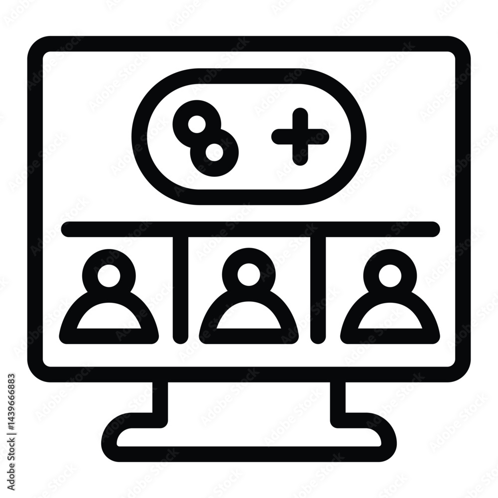Poster monitor screen with users and joystick line icon, neural dataset concept. vector graphics. display a
