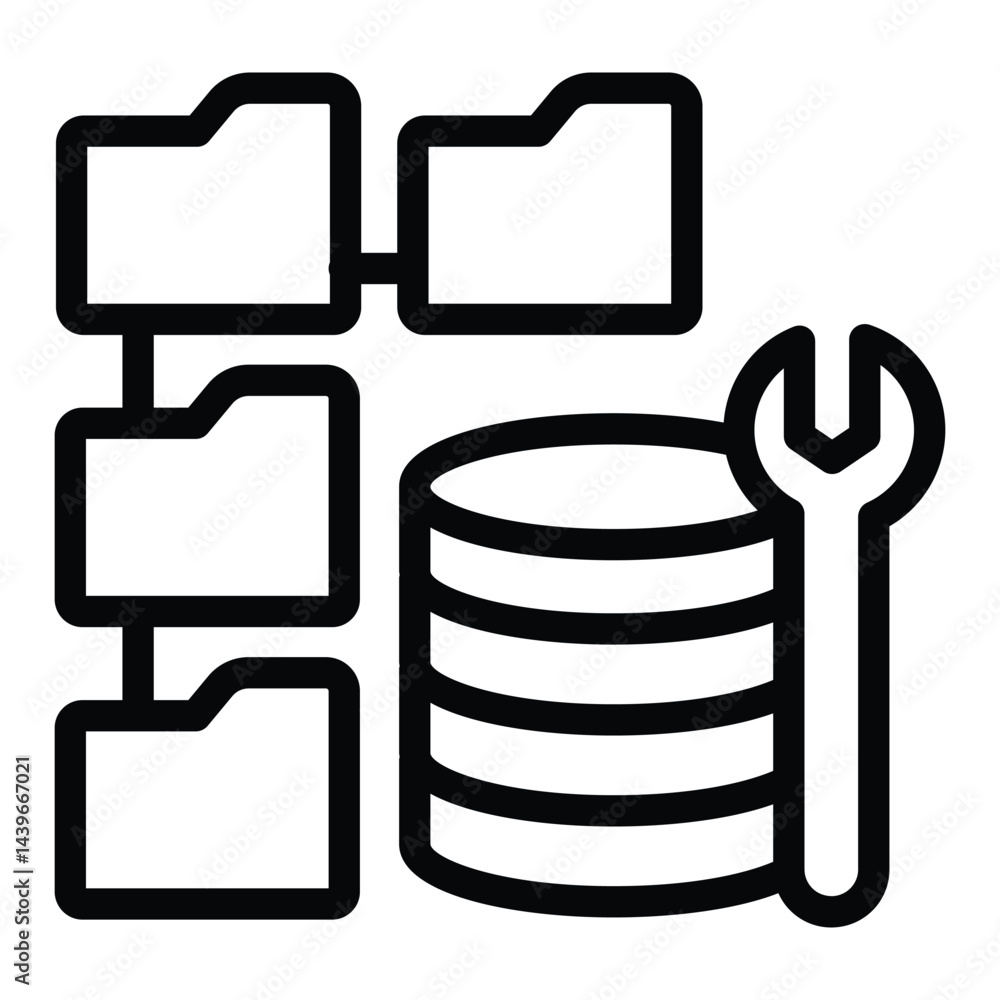 Aufkleber wrench and database storage with folders line icon, dataset concept. vector graphics. developer data