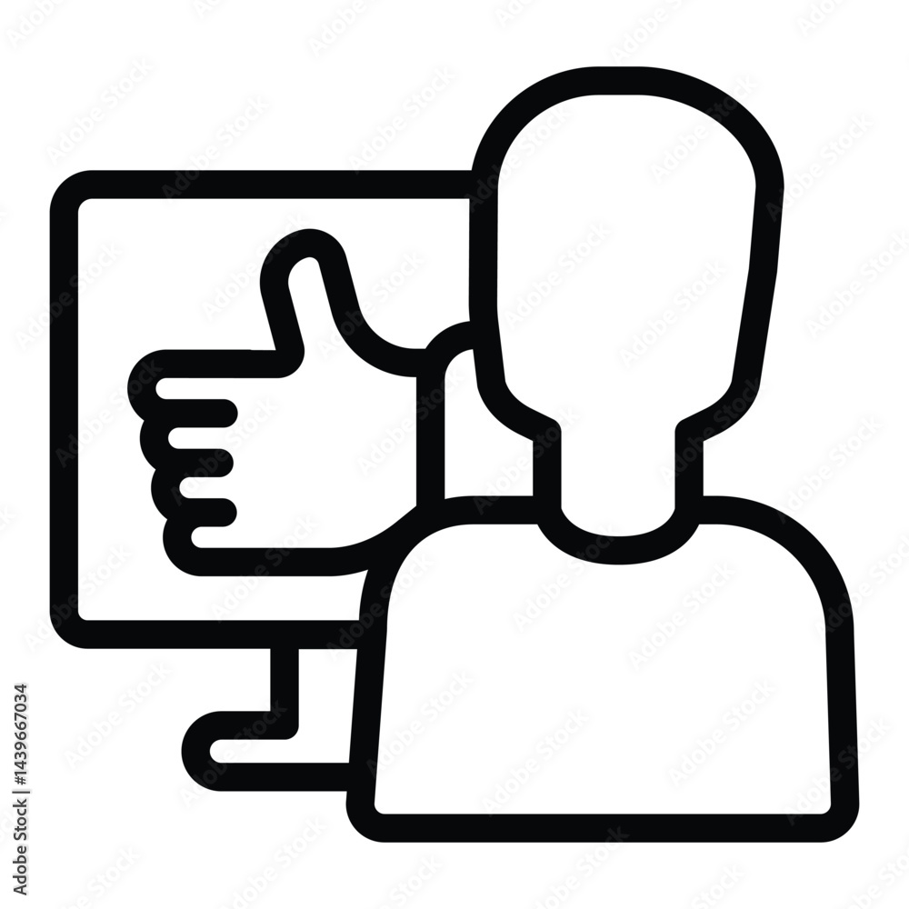 Poster man and monitor with thumb up hand line icon, neural dataset concept. vector graphics. user positive