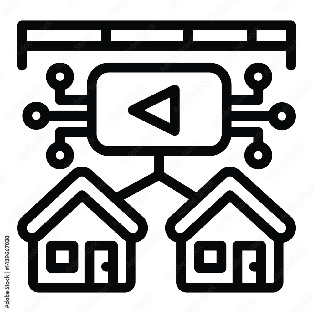 Poster media data with two houses line icon, neural dataset concept. vector graphics. provider broadcast, d