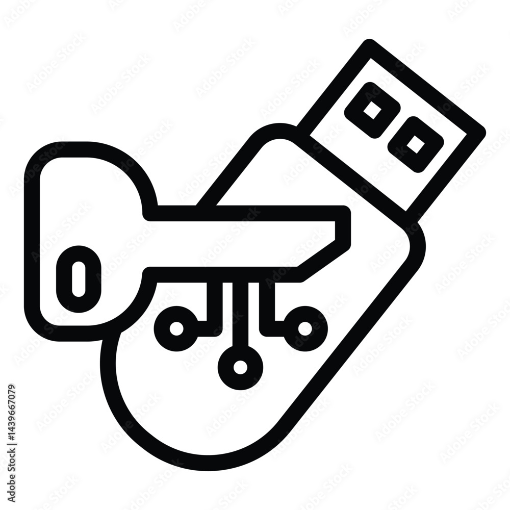 Poster key and flash drive line icon, secure network concept. vector graphics. encrypted system access key,