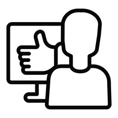 Obraz premium Man and monitor with thumb up hand line icon, neural dataset concept. Vector graphics. User positive feedback, person sign on white background, style for mobile or design.