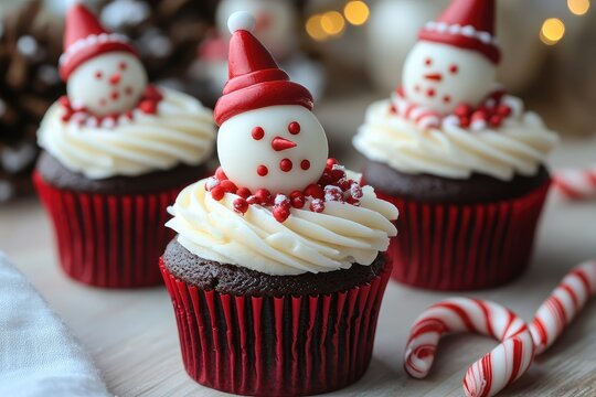 Holiday cupcakes with snowmen and candy cane decorations