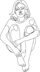 A minimalist vector illustration of a girl sitting high with dangling feet, drawn in continuous line art style in black and white on a white background