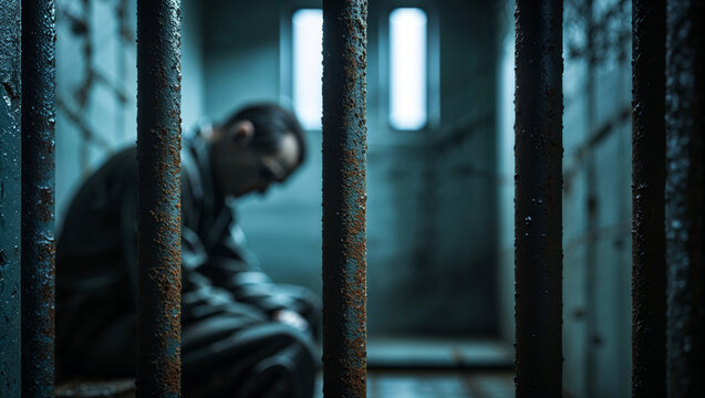 A somber image of a man behind prison bars, conveying themes of imprisonment and isolation.