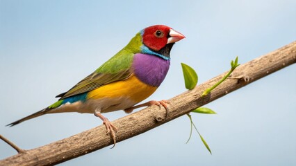 Fototapeta premium Colorful Finch Perched on Branch Against Clear Blue Sky