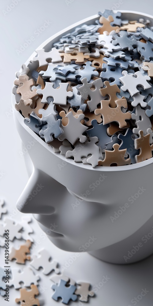 Poster a white head with a pile of jigsaw puzzle pieces on top of it. the puzzle pieces are scattered all o