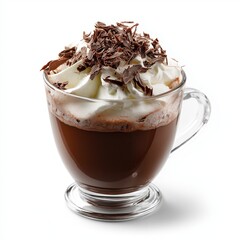 delightful glass of hot chocolate topped with whipped cream and chocolate shavings isolated on white background