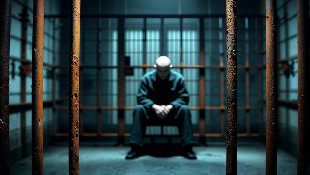 A bald man sits pensively in a prison cell, behind rusty metal bars and feeling blue.