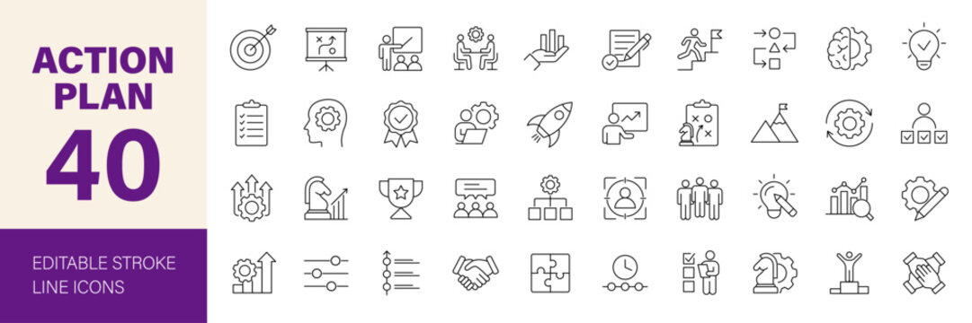 Action plan icon set. Containing business, goal, team, timeline, schedule, strategy, analysis, tasks, planning, collaboration, setting, workflow and more. Editable line icons. Vector illustration.	