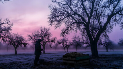 Purple Sunrise over Misty Orchard: A Serene Winter Landscape