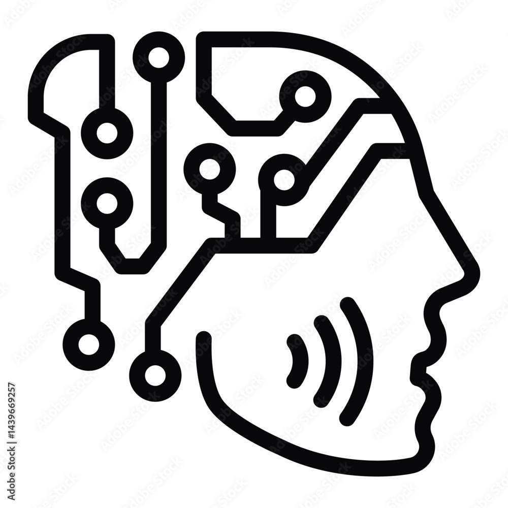 Poster face with electronic connections line icon, neural network concept. vector graphics. head of bot, ar