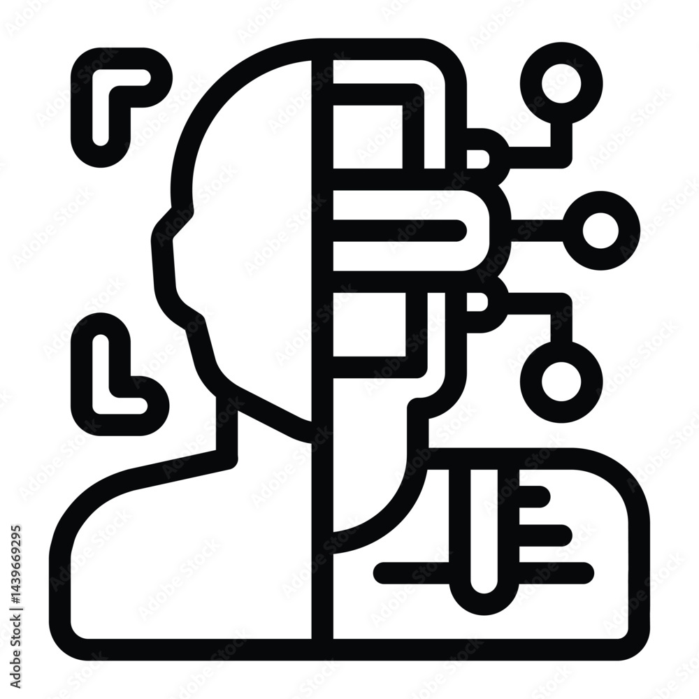 Poster bot or person recognition line icon, neural network concept. vector graphics. virtual assistant, ide