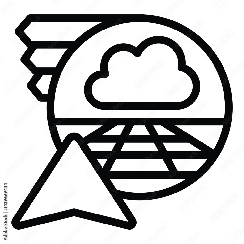 Poster cloud with navigation cursor line icon, neural network concept. vector graphics. remote visualizatio