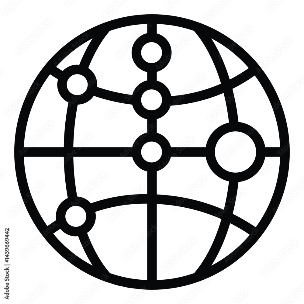 Poster globe with pin points line icon, neural network concept. vector graphics. planet with location pinpo