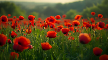 Vibrant Red Poppies in a Lush Summer Field