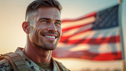 A proud soldier smiles brightly with the American flag waving in the warm sunlight.
