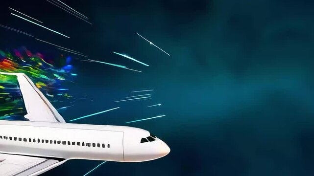 Airplane flies leaving vibrant geometric color trail at high speed illustration