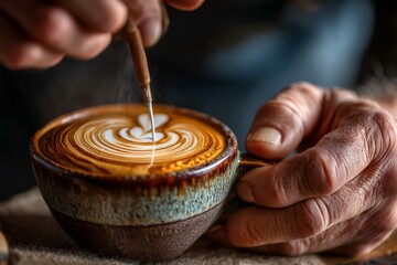 Cup of cappuccino with latte art heart being created by barista using a metal tool to carefully manipulate crema