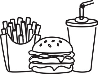 A minimalist black linear sketch of a burger, soda, and fries with a single patty burger, soda in a cardboard container, and fries drawn in a linear style
