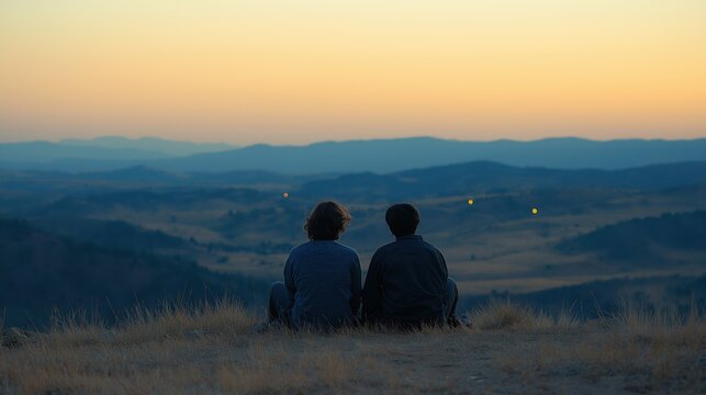 Young couple watching beautiful sunset over mountains scenic view