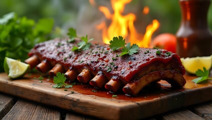 Delicious BBQ Ribs on a Wooden Board