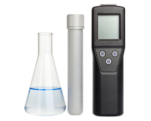 A laboratory setup with measuring tools and glassware on a transparent background