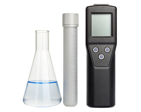 A laboratory setup with measuring tools and glassware on a transparent background