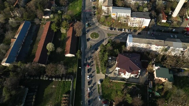 Aerial drone view of traffic and urban architecture in Botosani city