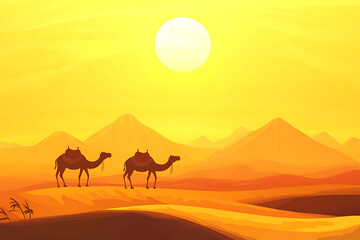 Two camels walking across a golden desert landscape under a bright sun at sunset