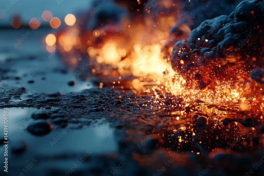 Poster fiery orange glow reflects from water surface with abstract dark forms and soft light orbs in backgr