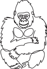 A minimalist continuous line art drawing of a gorilla sitting down with folded arms on a white background in vector format