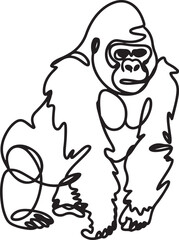 A minimalist continuous line art drawing of a gorilla sitting down with folded arms isolated on a white background in vector illustration