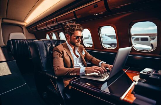 Rich businessman working with his laptop inside his private plane