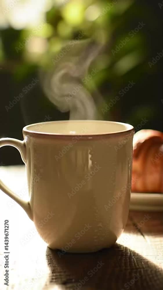 Poster a serene morning scene featuring a white ceramic coffee mug with steam wafting upwards, positioned o