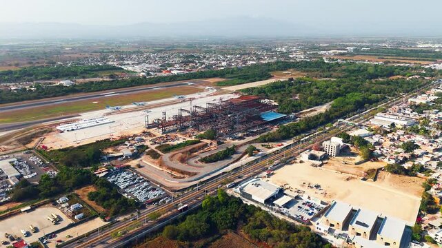 Aerial view of airport infrastructure, process of creating terminal two in puerto vallarta, mexico