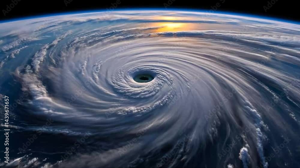 Poster a stunning aerial view of a hurricane, featuring a swirling cloud formation with a defined eye and c