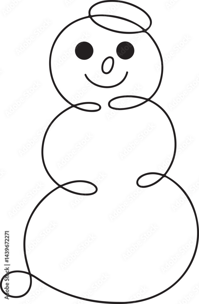 Poster a vector illustration of a cute smiling snowman in a continuous line art style made of three black l