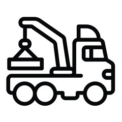 Truck with crane and stove line icon, making road concept. Vector graphics. Crane vehicle, heavy transport sign on white background, style for mobile or design.