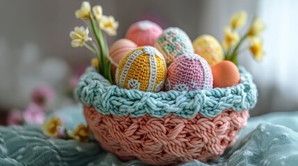 Colorful Easter Eggs in Woven Basket with Spring Flowers Decor