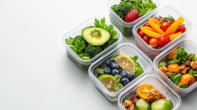 Healthy meal prep containers filled with fresh vibrant fruits and vegetables ready for the week showcasing a balanced diet and nutritious eating plan.