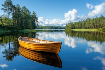 Fototapeta premium Tranquil lake reflects clear blue sky small wooden boat floats gently