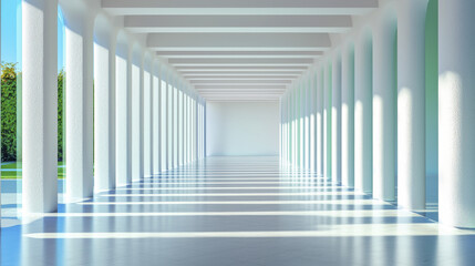 serene architectural space featuring white columns and soft shadows, creating tranquil atmosphere