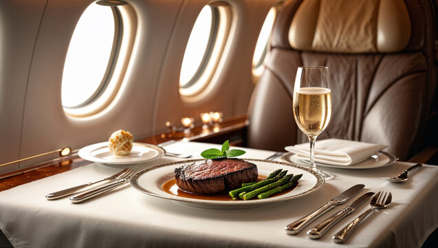 Enjoying a gourmet meal with champagne onboard a luxury private jet.