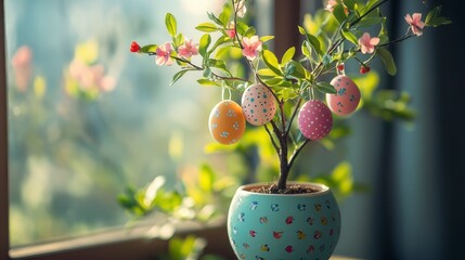 Decorative Easter Eggs Hanging on a Potted Flower Tree Indoors