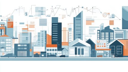 Obraz premium Modern Cityscape Illustration with Graphs and Data Visualizations in Flat Design Style